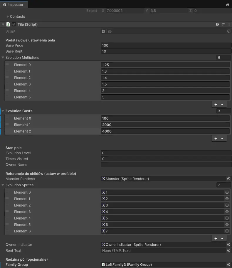 Unity Inspector — board engine logic and parameters